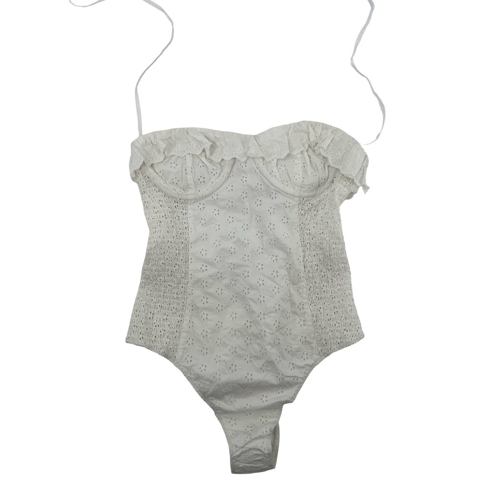 DOEN Women One Piece Swimsuit Eyelet Ruffle White Cotton Large